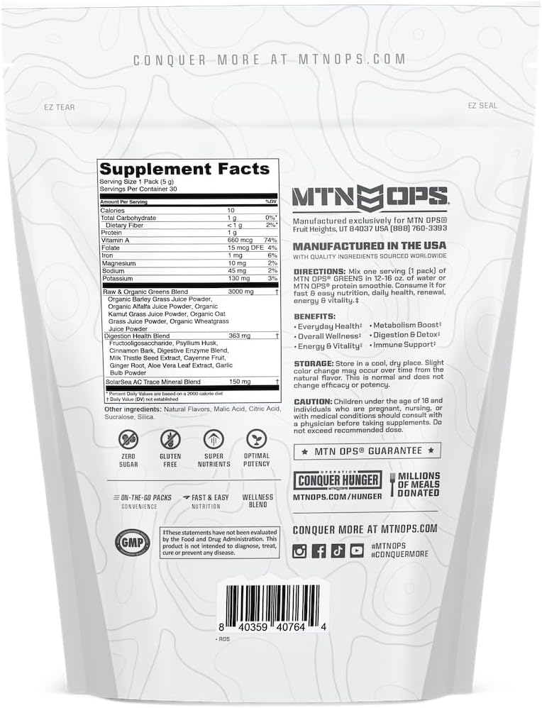 MTN OPS Super Greens Powder - Immune Health & Energy Drink with Digestive Support Blend, Chlorophyll-Rich Greens - 30 On-The-Go Packs
