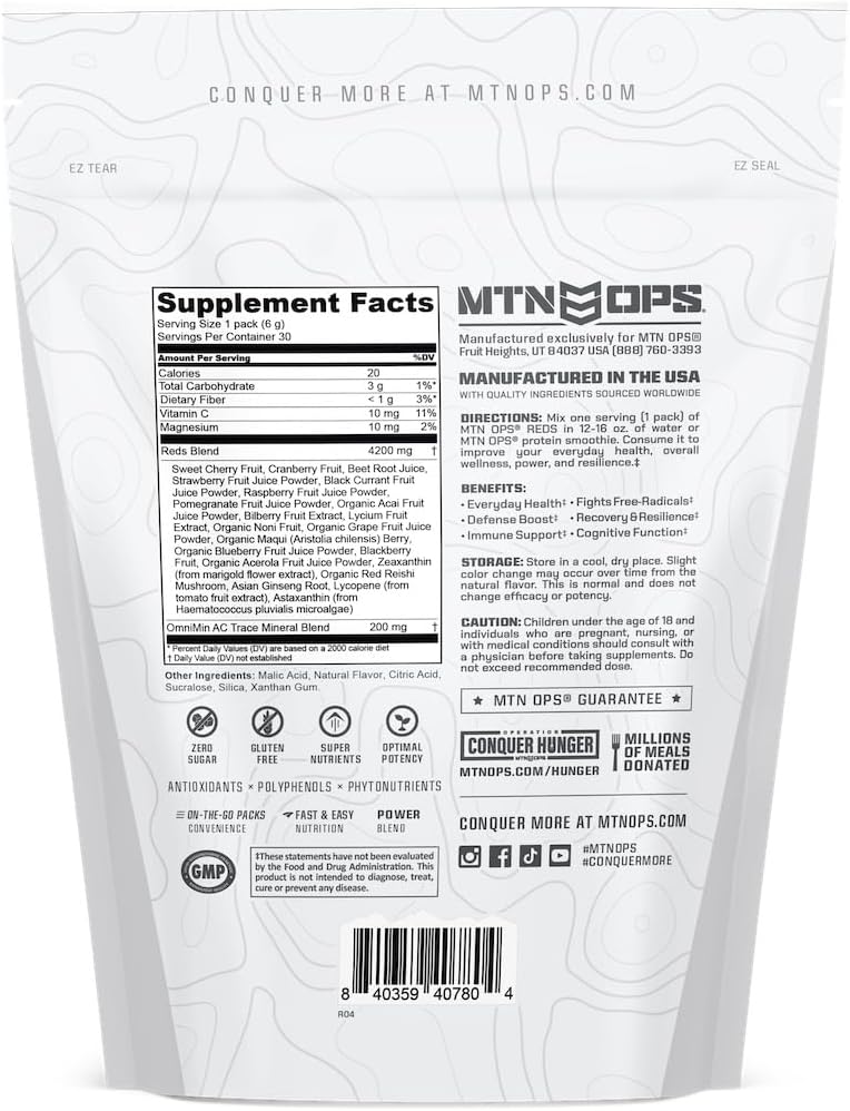 MTN OPS Super Reds Antioxidant Drink Powder - Daily Health Blend with Phyto-Nutrients | 30 On-The-Go Packs