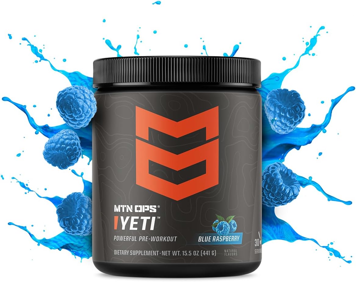 MTN OPS Yeti Blue Raspberry Pre-Workout Powder with Creatine & BCAAs - 30 Servings
