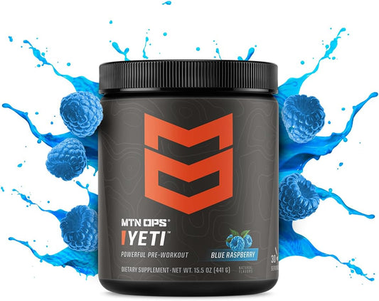 MTN OPS Yeti Blue Raspberry Pre-Workout Powder with Creatine & BCAAs - 30 Servings