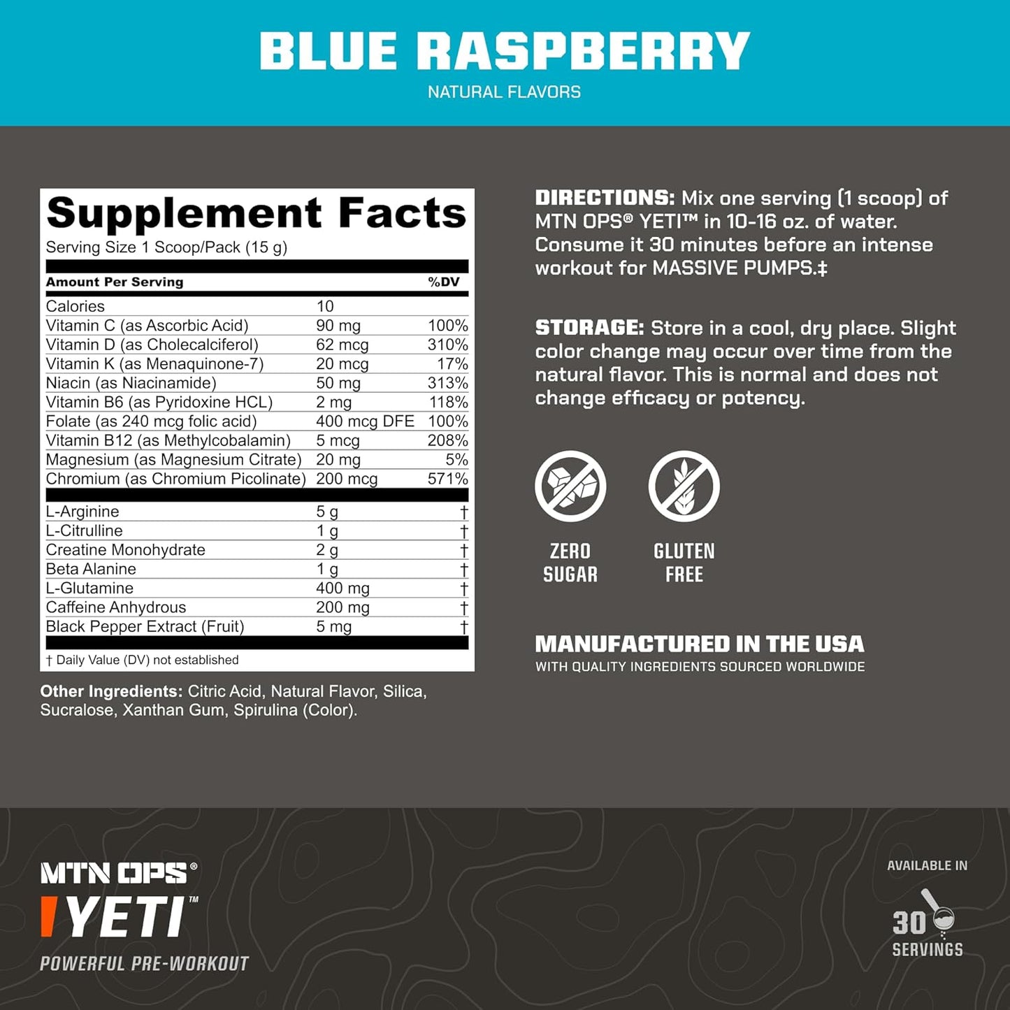 MTN OPS Yeti Blue Raspberry Pre-Workout Powder with Creatine & BCAAs - 30 Servings
