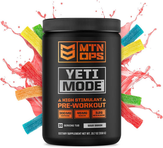 MTN OPS Yeti Mode Pre-Workout Powder - Sour Smash Flavor, High-Stimulant with Caffeine, Creatine, Beta-Alanine - 30 Servings