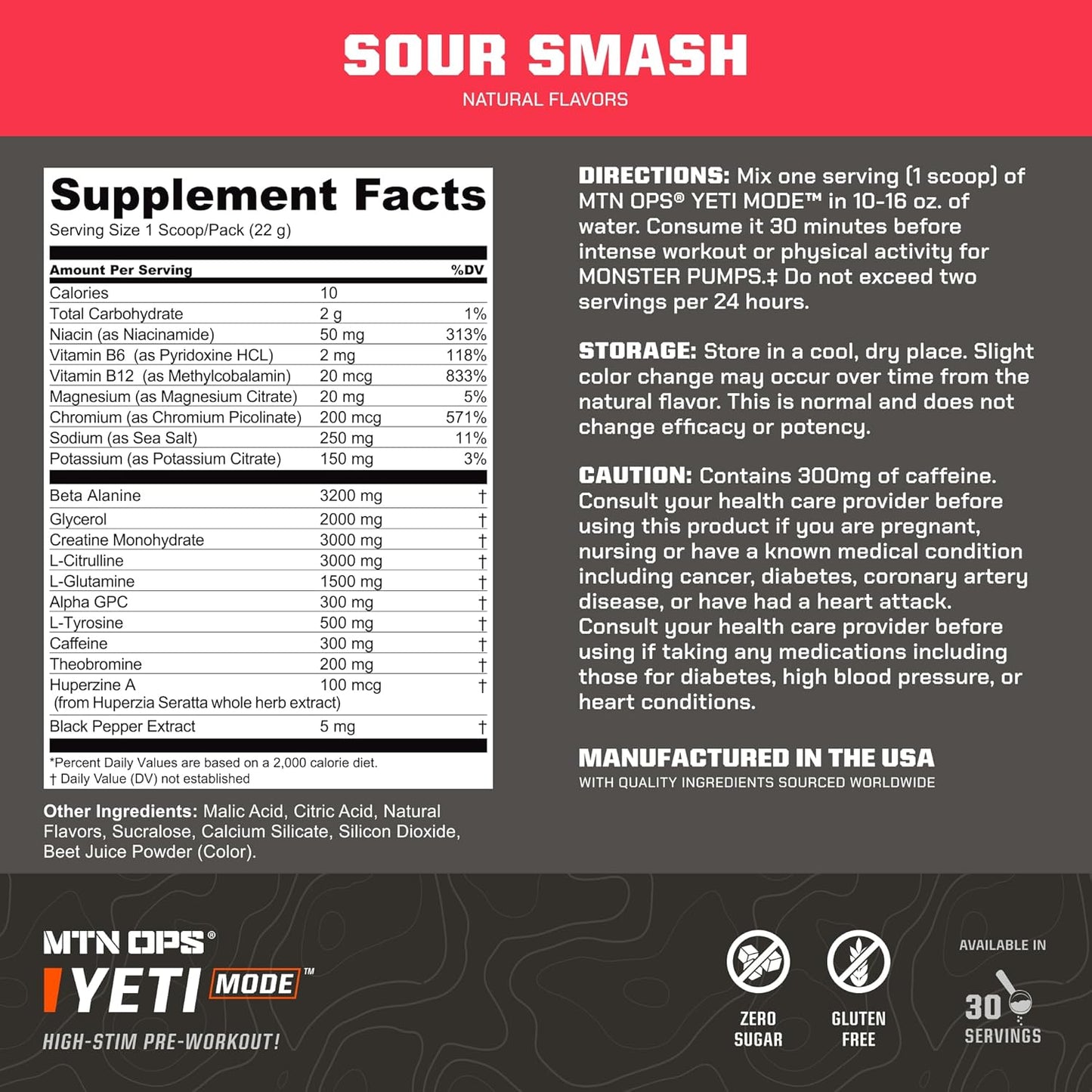 MTN OPS Yeti Mode Pre-Workout Powder - Sour Smash Flavor, High-Stimulant with Caffeine, Creatine, Beta-Alanine - 30 Servings