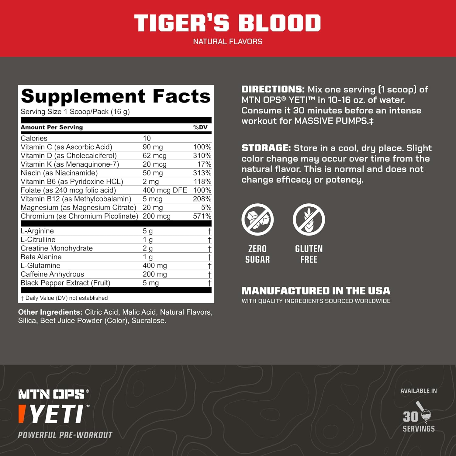 MTN OPS Yeti Monster Tiger's Blood Pre-Workout Powder Energy Drink - 30 Servings