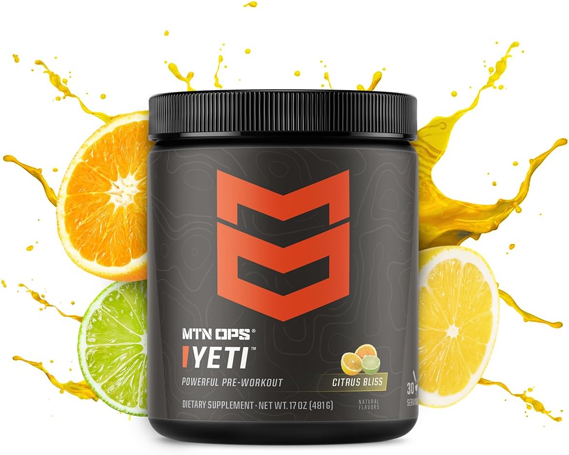MTN OPS Yeti Pre-Workout Powder Citrus Bliss Energy Drink with Creatine, 200mg Caffeine, BCAAs, and Beta Alanine - 30 Servings