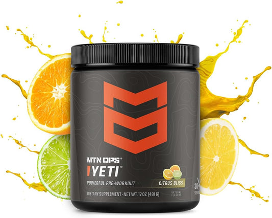 MTN OPS Yeti Pre-Workout Powder Citrus Bliss Energy Drink with Creatine, 200mg Caffeine, BCAAs, and Beta Alanine - 30 Servings