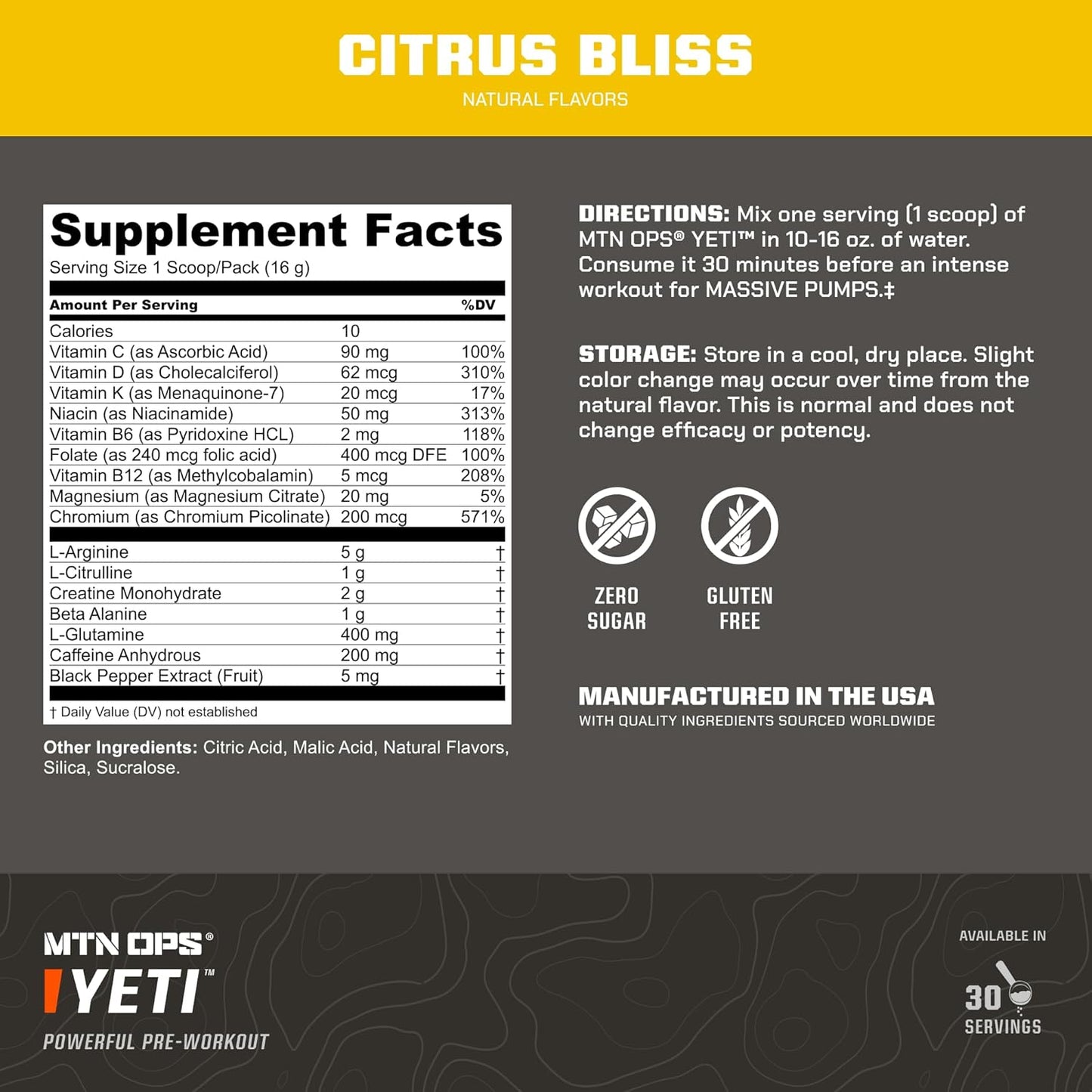 MTN OPS Yeti Pre-Workout Powder Citrus Bliss Energy Drink with Creatine, 200mg Caffeine, BCAAs, and Beta Alanine - 30 Servings