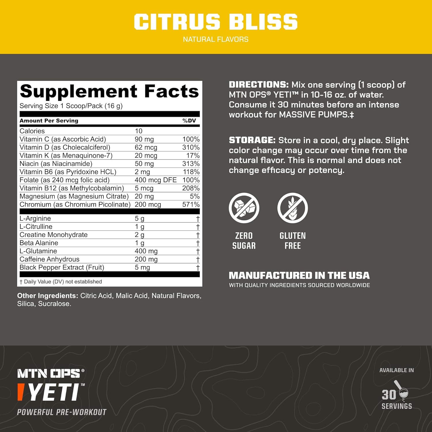 MTN OPS Yeti Pre-Workout Powder Citrus Bliss Energy Drink with Creatine, 200mg Caffeine, BCAAs, and Beta Alanine - 30 Servings