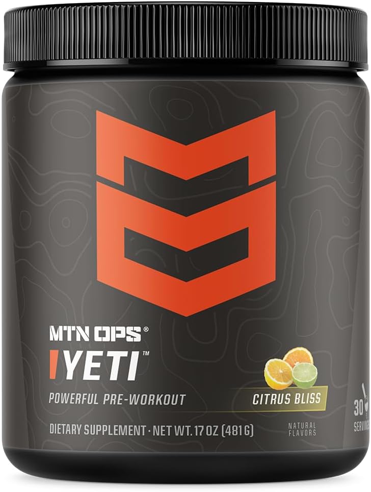 MTN OPS Yeti Pre-Workout Powder Citrus Bliss Energy Drink with Creatine, 200mg Caffeine, BCAAs, and Beta Alanine - 30 Servings