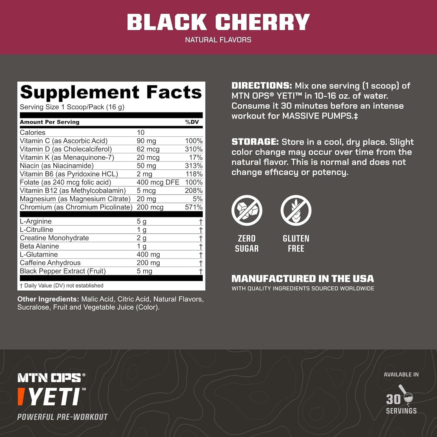 MTN OPS Yeti Pre-Workout Powder Energy Drink - Black Cherry Flavor, 30 Servings, with Creatine, Caffeine, BCAAs, and Beta Alanine