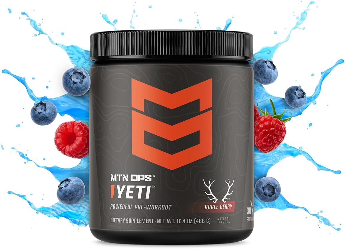 MTN OPS Yeti Pre-Workout Powder Energy Drink - Bugle Berry Flavor, 30 Servings, 200mg Caffeine, Creatine, BCAAs, Beta Alanine