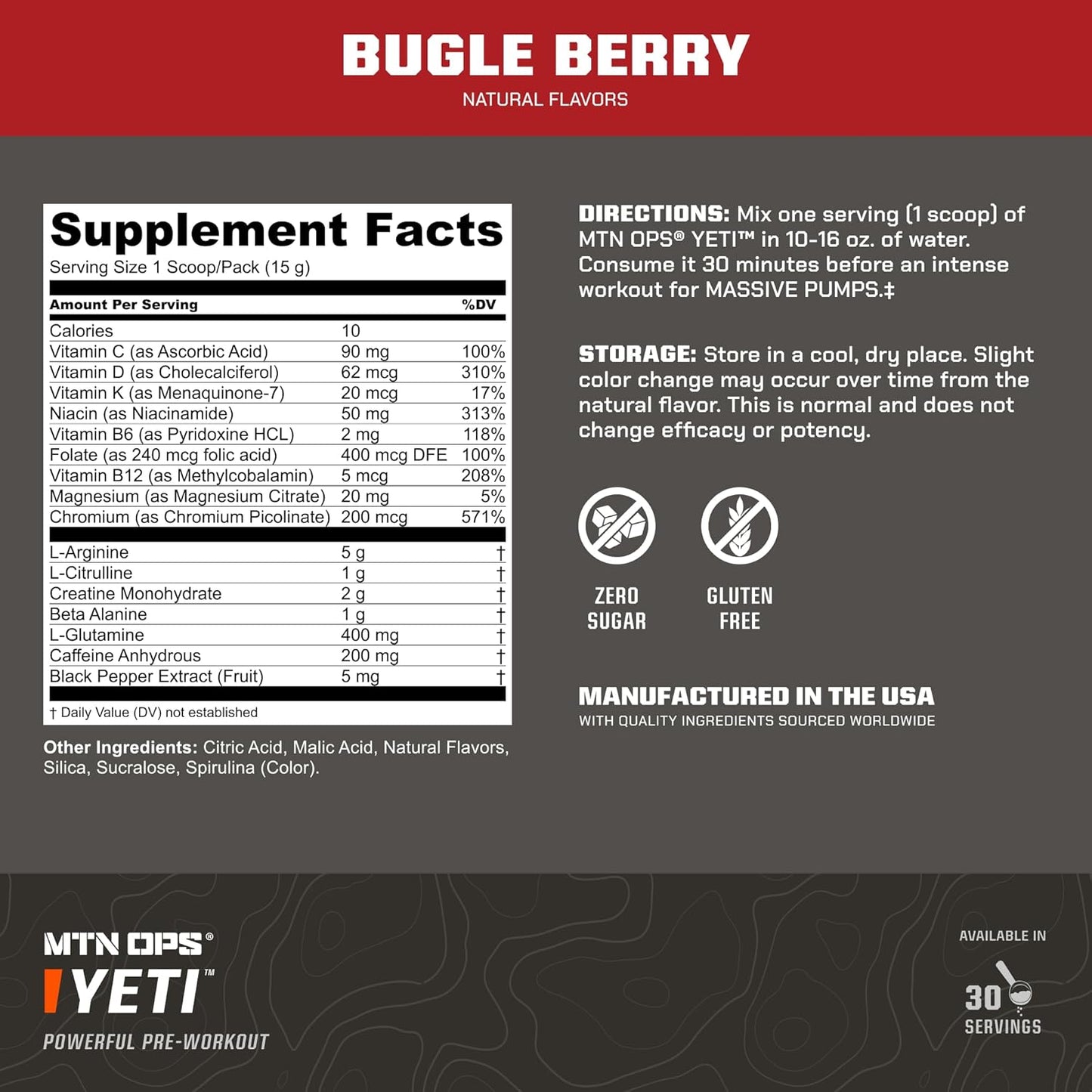 MTN OPS Yeti Pre-Workout Powder Energy Drink - Bugle Berry Flavor, 30 Servings, 200mg Caffeine, Creatine, BCAAs, Beta Alanine