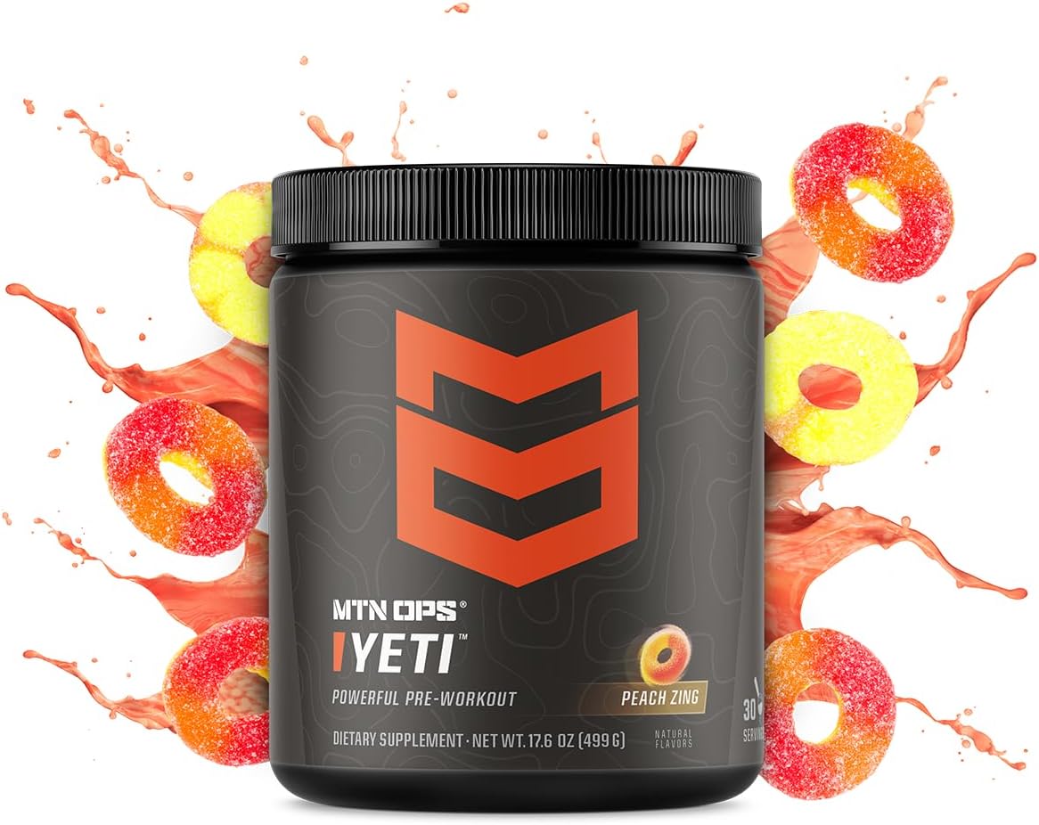 MTN OPS Yeti Pre-Workout Powder Energy Drink - Peach Zing Flavor, 30 Servings