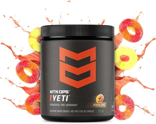 MTN OPS Yeti Pre-Workout Powder Energy Drink - Peach Zing Flavor, 30 Servings