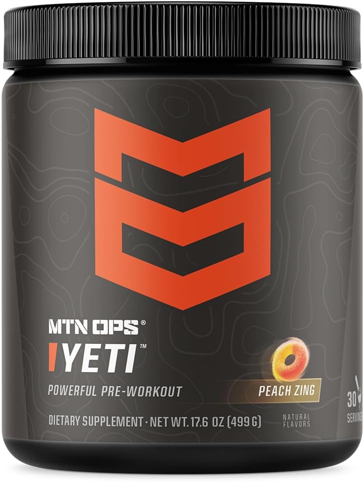 MTN OPS Yeti Pre-Workout Powder Energy Drink - Peach Zing Flavor, 30 Servings