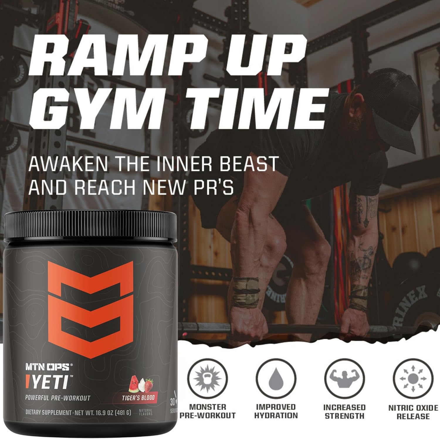 MTN OPS Yeti Pre-Workout Powder Energy Drink - Peach Zing Flavor, 30 Servings