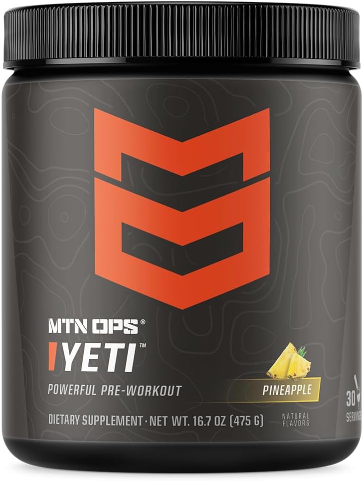 MTN OPS Yeti Pre-Workout Powder Energy Drink - Pineapple Crush Flavor with Creatine, Caffeine, BCAAs, Beta Alanine - 30 Servings