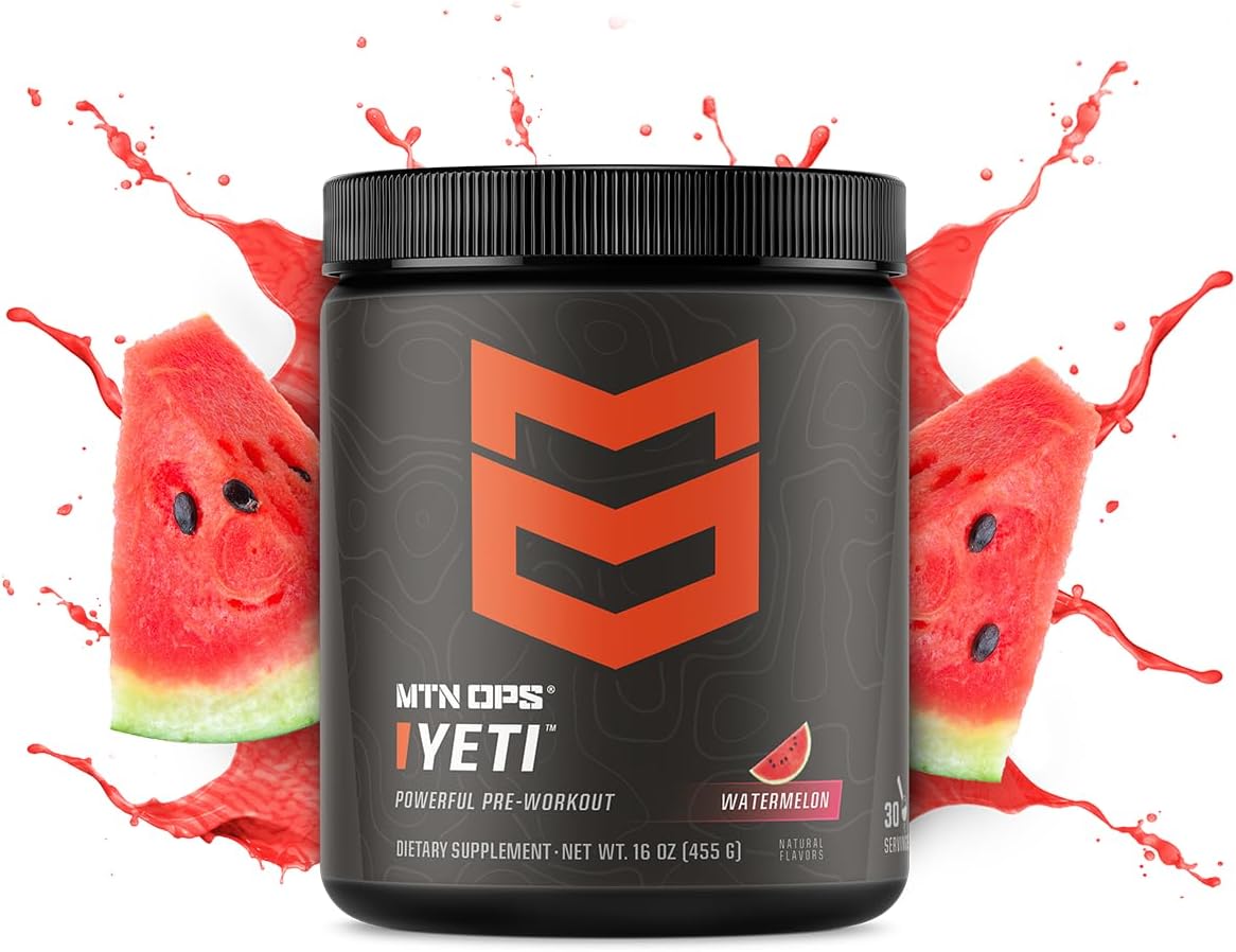 MTN OPS Yeti Pre-Workout Powder Energy Drink - Watermelon Flavor, 30 Servings, 200mg Caffeine, Creatine, BCAAs, Beta Alanine