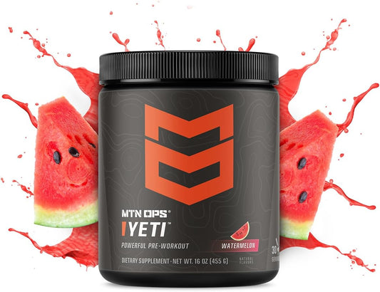 MTN OPS Yeti Pre-Workout Powder Energy Drink - Watermelon Flavor, 30 Servings, 200mg Caffeine, Creatine, BCAAs, Beta Alanine