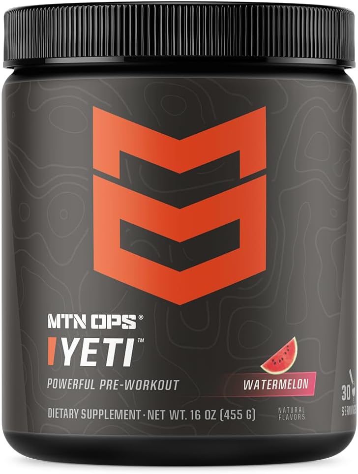 MTN OPS Yeti Pre-Workout Powder Energy Drink - Watermelon Flavor, 30 Servings, 200mg Caffeine, Creatine, BCAAs, Beta Alanine