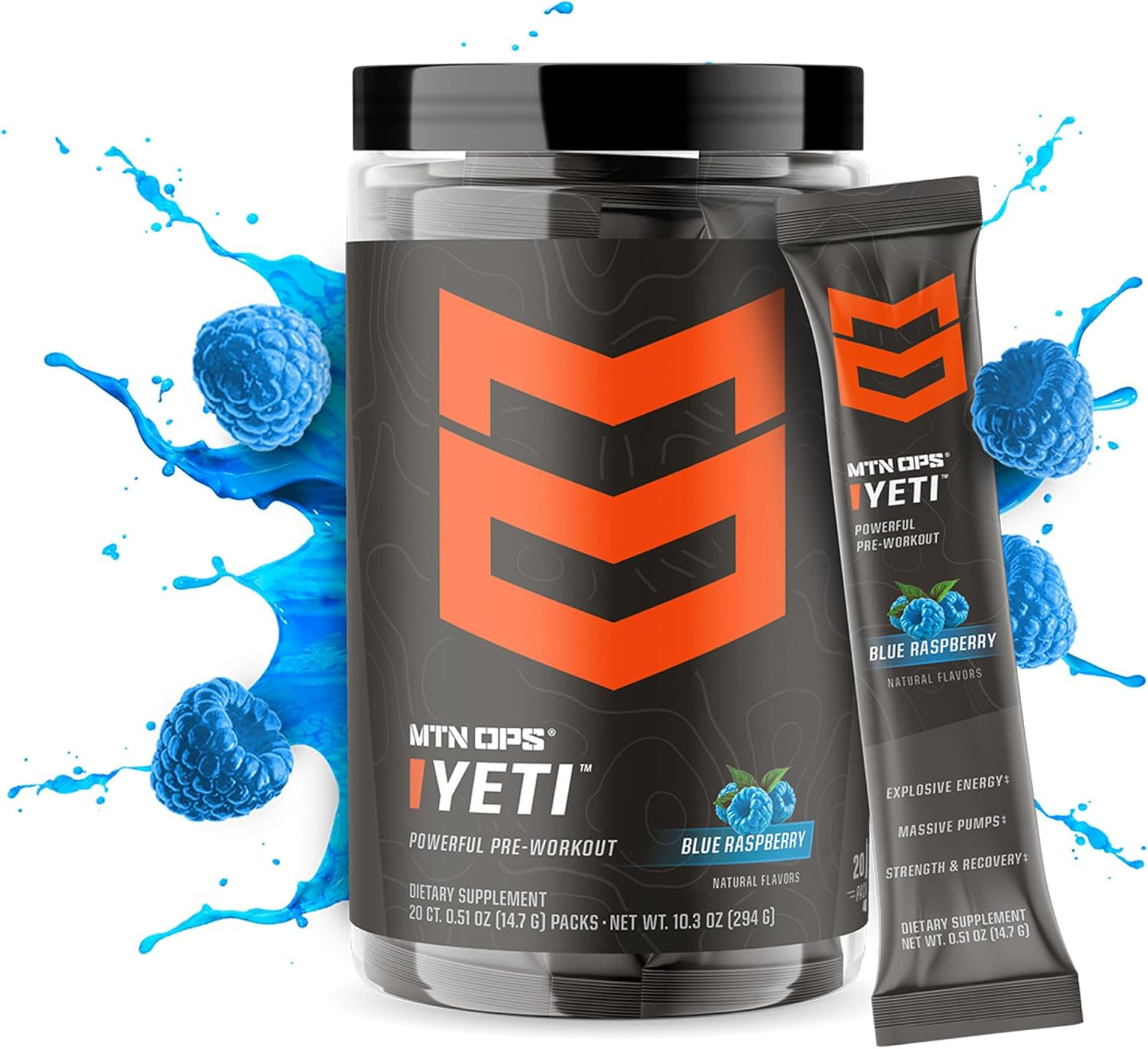 MTN OPS Yeti Trail Packs Blue Raspberry Pre-Workout Powder Energy Drink - 20 Servings