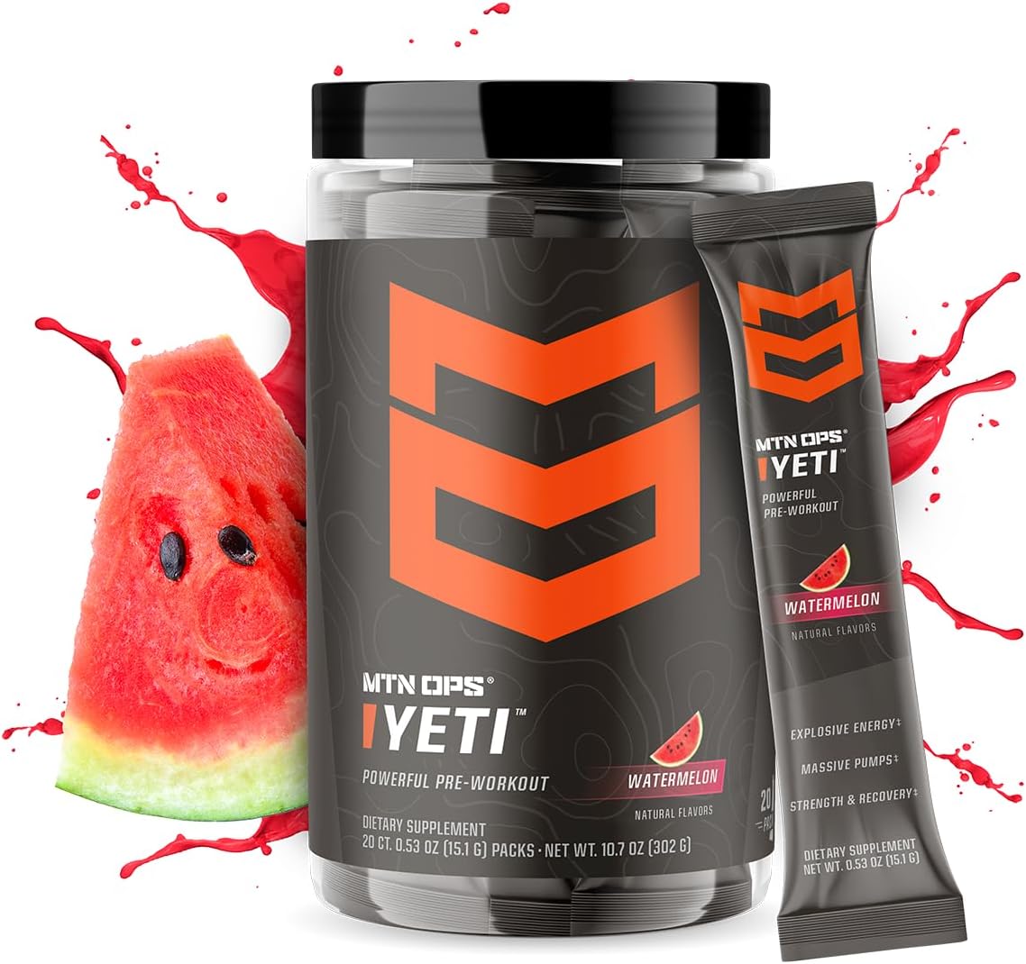 MTN OPS Yeti Trail Packs Watermelon Pre-Workout Powder Energy Drink - 20 Single Servings, 200mg Caffeine & BCAAs with Beta Alanine & Creatine