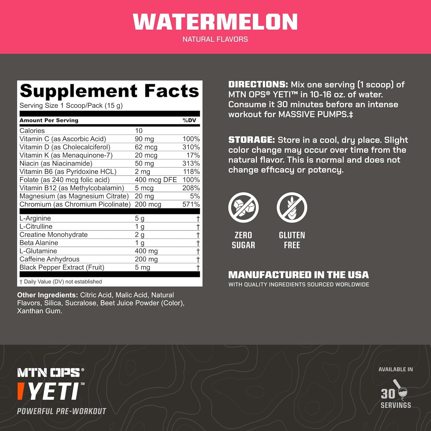 MTN OPS Yeti Trail Packs Watermelon Pre-Workout Powder Energy Drink - 20 Single Servings, 200mg Caffeine & BCAAs with Beta Alanine & Creatine