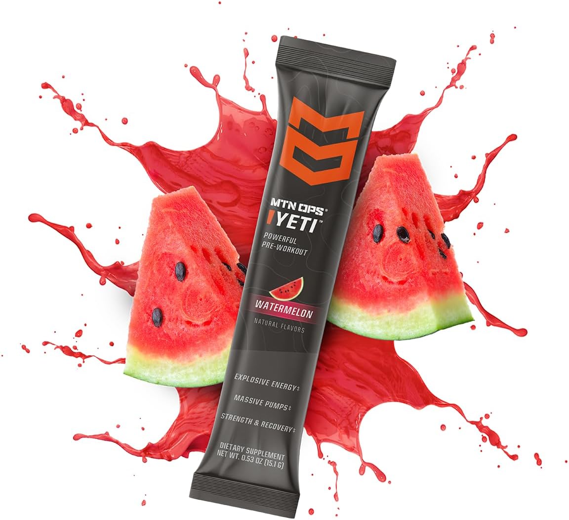 MTN OPS Yeti Trail Packs Watermelon Pre-Workout Powder Energy Drink - 20 Single Servings, 200mg Caffeine & BCAAs with Beta Alanine & Creatine