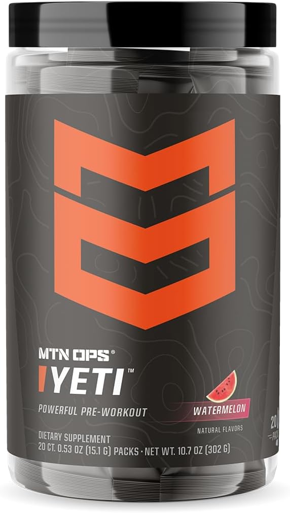 MTN OPS Yeti Trail Packs Watermelon Pre-Workout Powder Energy Drink - 20 Single Servings, 200mg Caffeine & BCAAs with Beta Alanine & Creatine