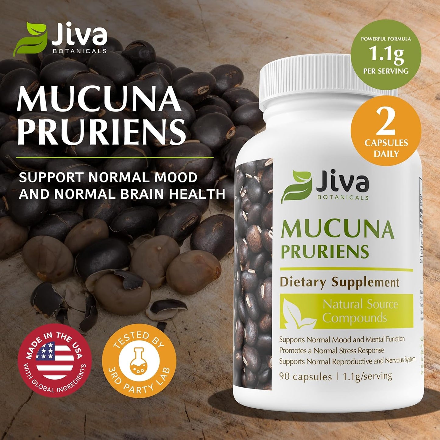 Mucuna Pruriens Extract Capsules - Velvet Beans Supplement - 90 Capsules by Jiva Botanicals