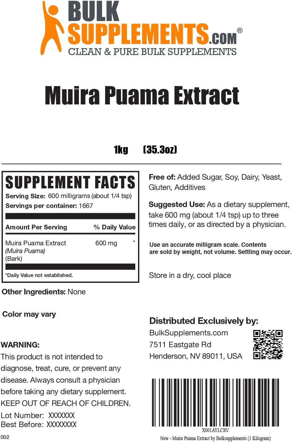 Muira Puama Extract Powder - Herbal Supplement, Gluten Free, 600mg/Serving - 1kg (2.2 lbs) Pack