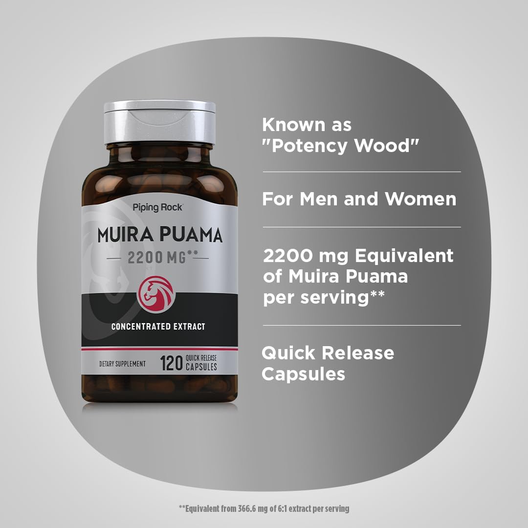 Muira Puama Root Extract 2200mg Capsules - 120 Count - Non GMO, Gluten Free Supplement for Men & Women by Piping Rock