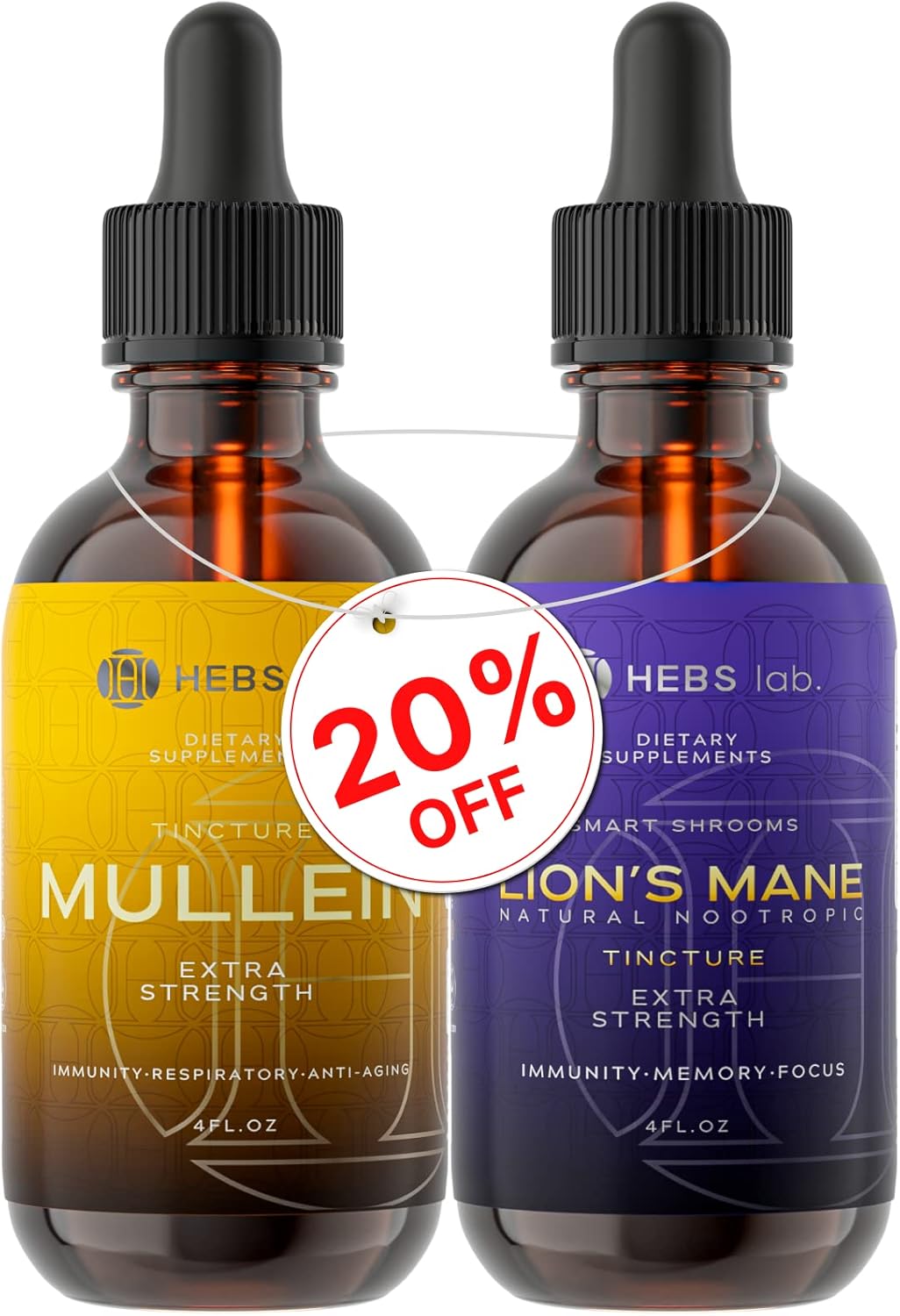Mullein Leaf Extract and Lions Mane Mushroom Bundle for Respiratory and Brain Support by HEBS LAB