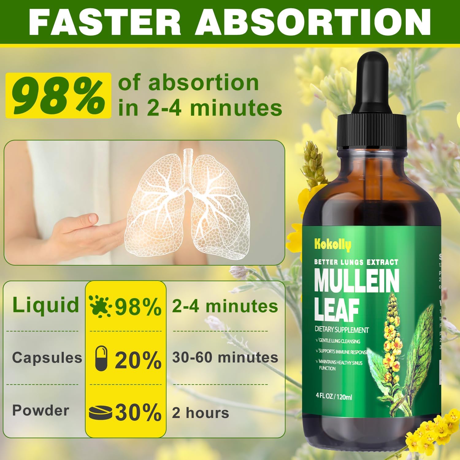 Mullein Leaf Extract Drops for Lung Cleanse and Respiratory Health, Vegan Herbal Supplement, Non-GMO, 2 Month Supply, 120ml