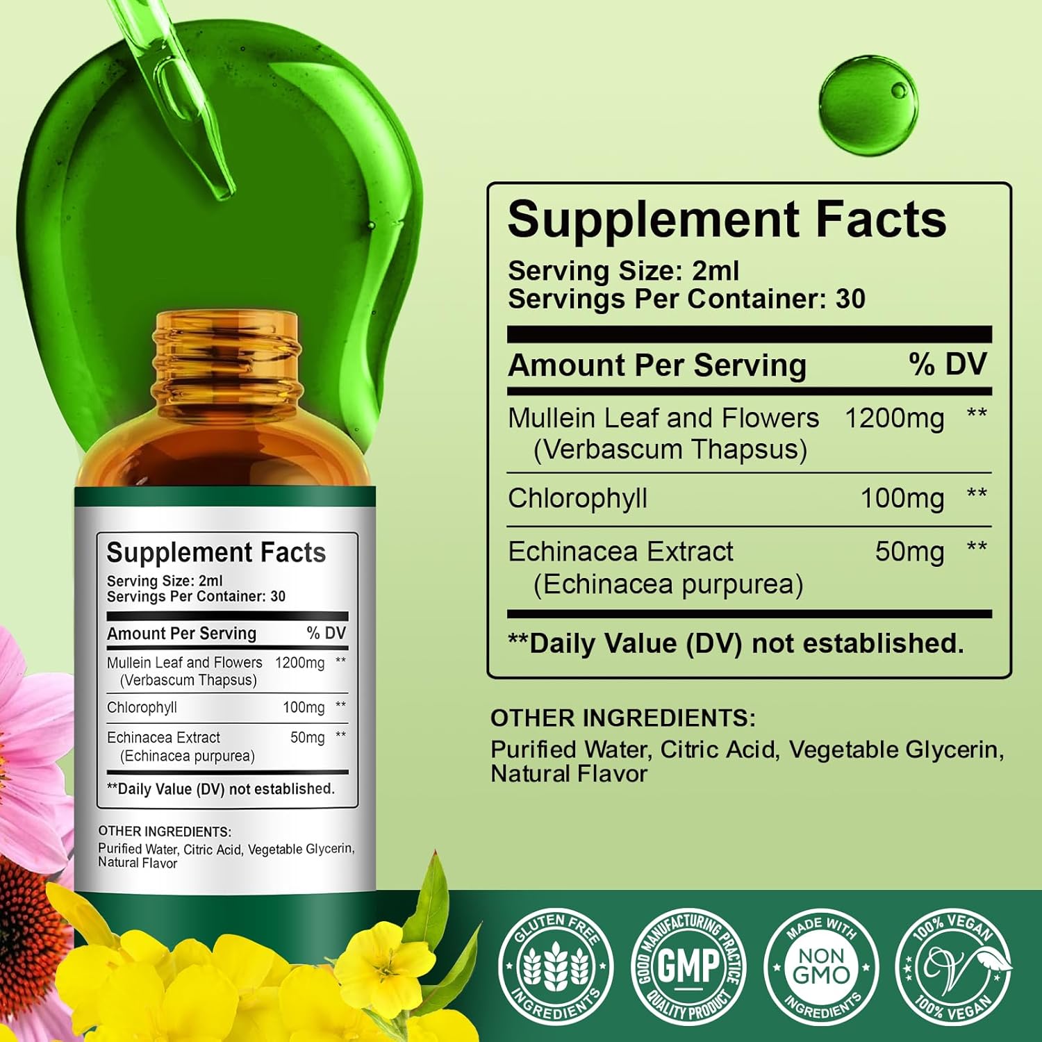 Mullein Leaf Extract Liquid Drops - Lung Cleanse & Detox Support - 1200mg - Non-GMO - 2 Fl Oz