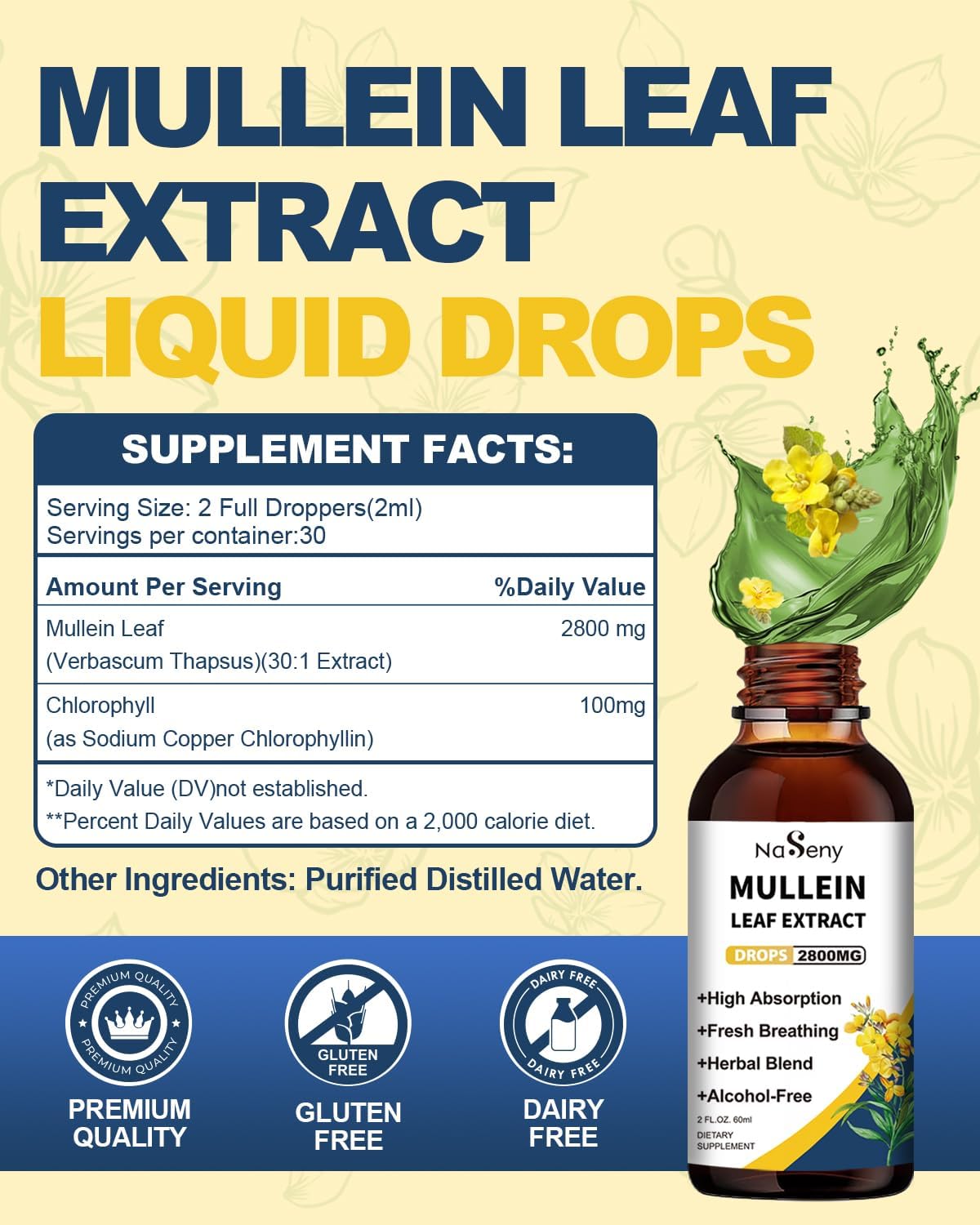 Mullein Leaf Extract Liquid Drops for Lung Cleanse & Respiratory Support - Herbal Supplement with Chlorophyll for Immune Health (60ml)