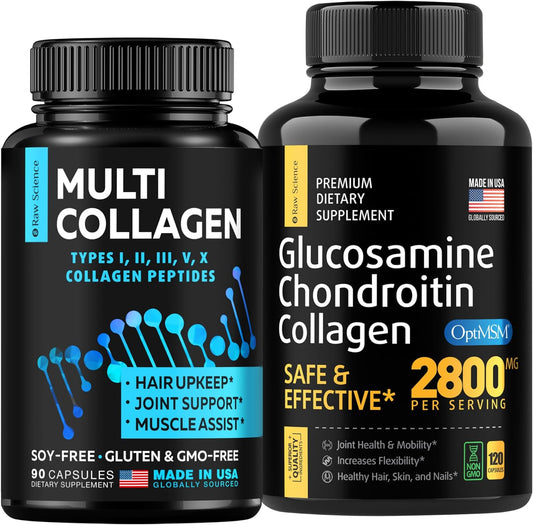 Multi Collagen and Glucosamine Capsules for Bone, Joint, Hair, and Nail Support - 90 Collagen Capsules & 120 Glucosamine Capsules