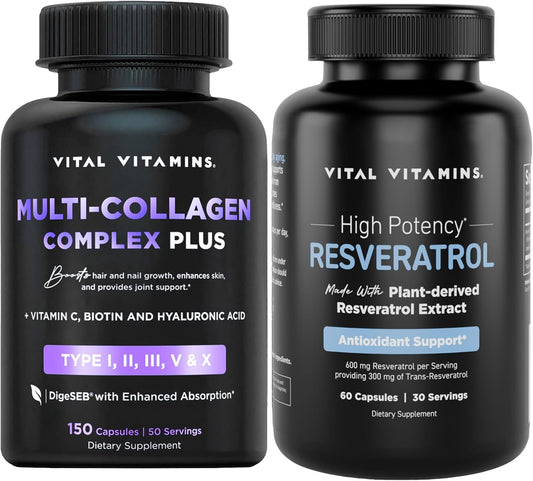Multi Collagen Complex Capsules with Resveratrol - Essential Vitamin Supplement for Health and Wellness