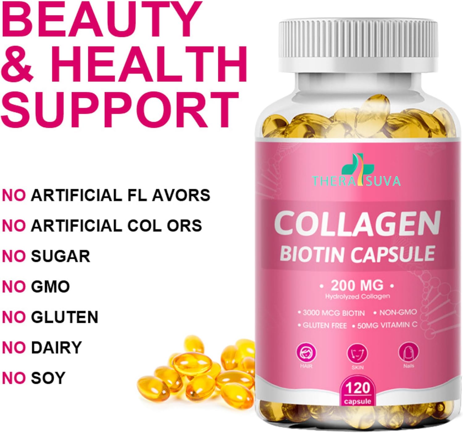 Multi Collagen Complex with Biotin, Vitamin C for Hair, Skin, Nail Support - 120 Capsules, 60 Day Supply