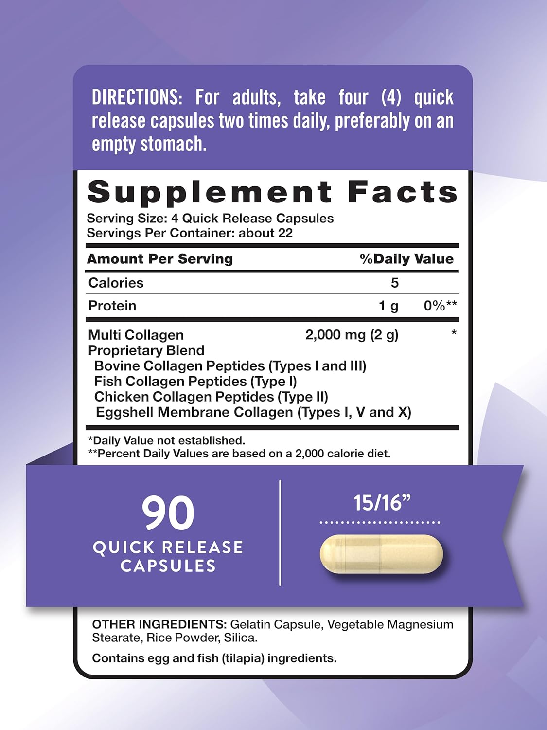 Multi Collagen Peptides Capsules 2000mg | Types I, II, III, V, X | 90 Count | Keto Friendly Supplement - Non-GMO & Gluten Free