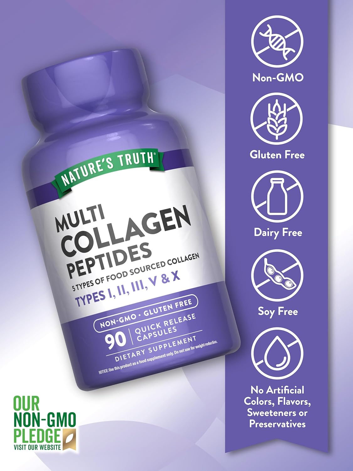 Multi Collagen Peptides Capsules 2000mg | Types I, II, III, V, X | 90 Count | Keto Friendly Supplement - Non-GMO & Gluten Free