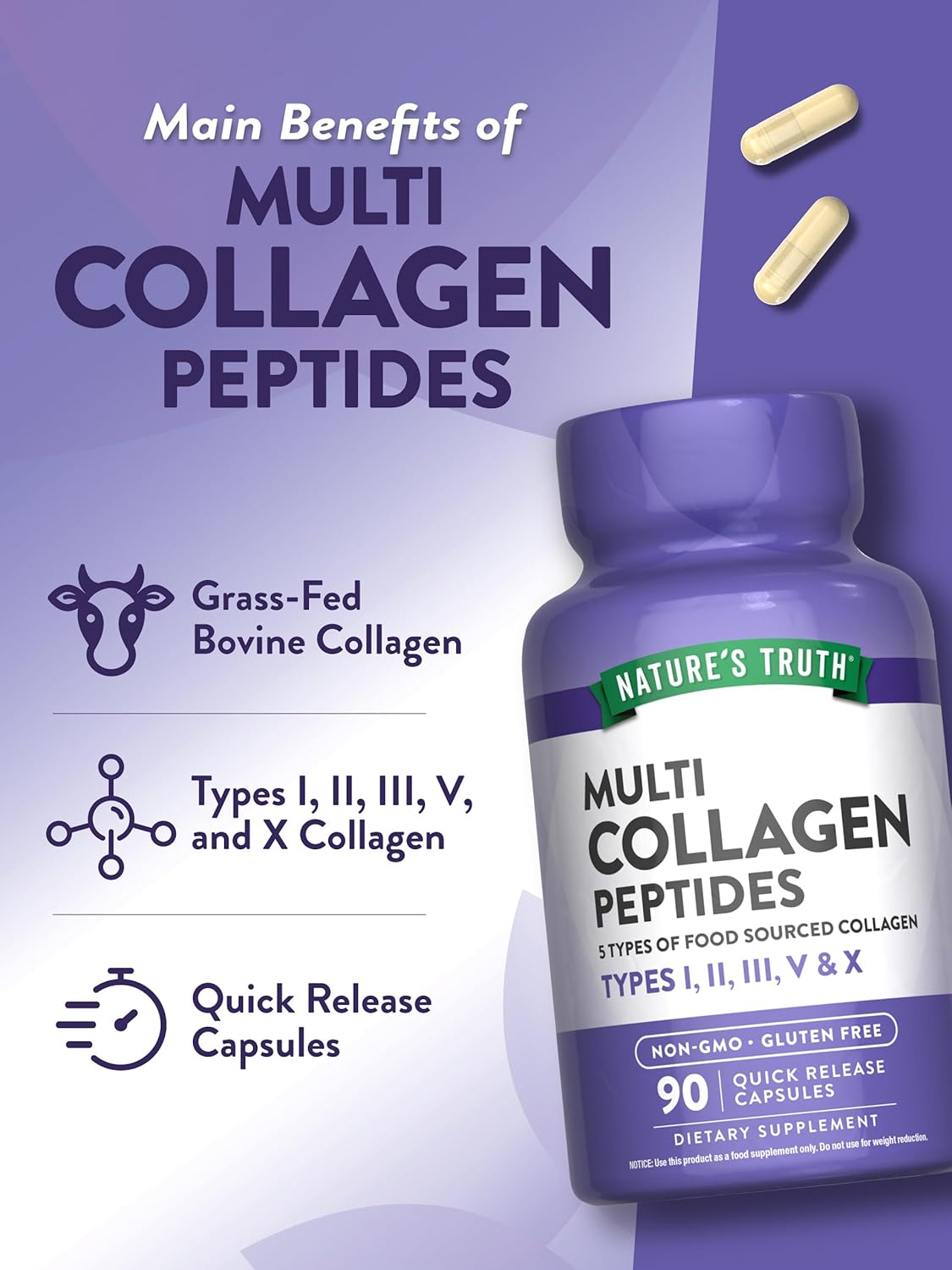 Multi Collagen Peptides Capsules 2000mg | Types I, II, III, V, X | 90 Count | Keto Friendly Supplement - Non-GMO & Gluten Free