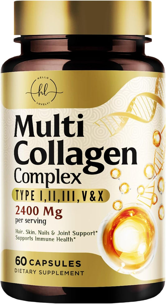 Multi Collagen Peptides Supplement for Hair, Skin, Nails, Bones & Joints - 60 Capsules for Men & Women - Hydrolyzed Type I, II, III, V, X with Vital Nutrients & Proteins