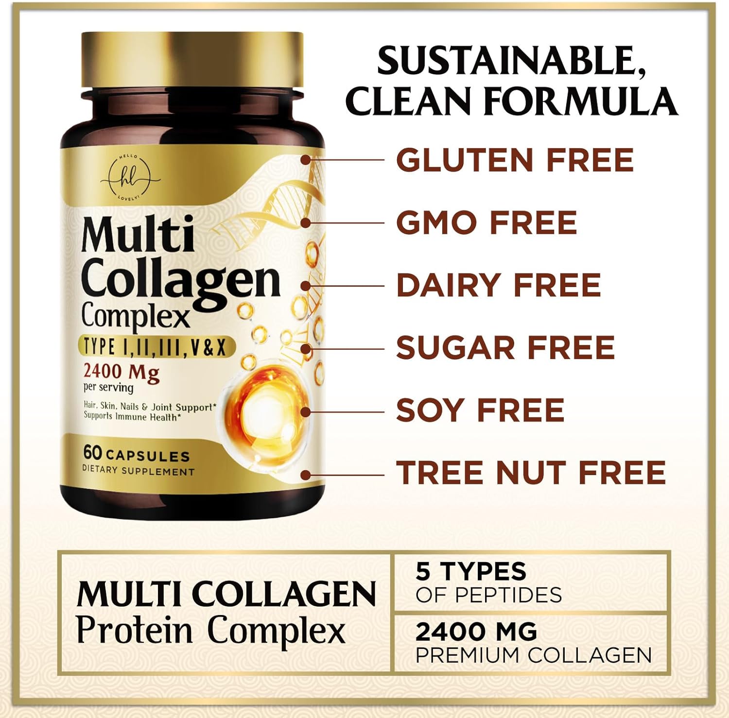 Multi Collagen Peptides Supplement for Hair, Skin, Nails, Bones & Joints - 60 Capsules for Men & Women - Hydrolyzed Type I, II, III, V, X with Vital Nutrients & Proteins
