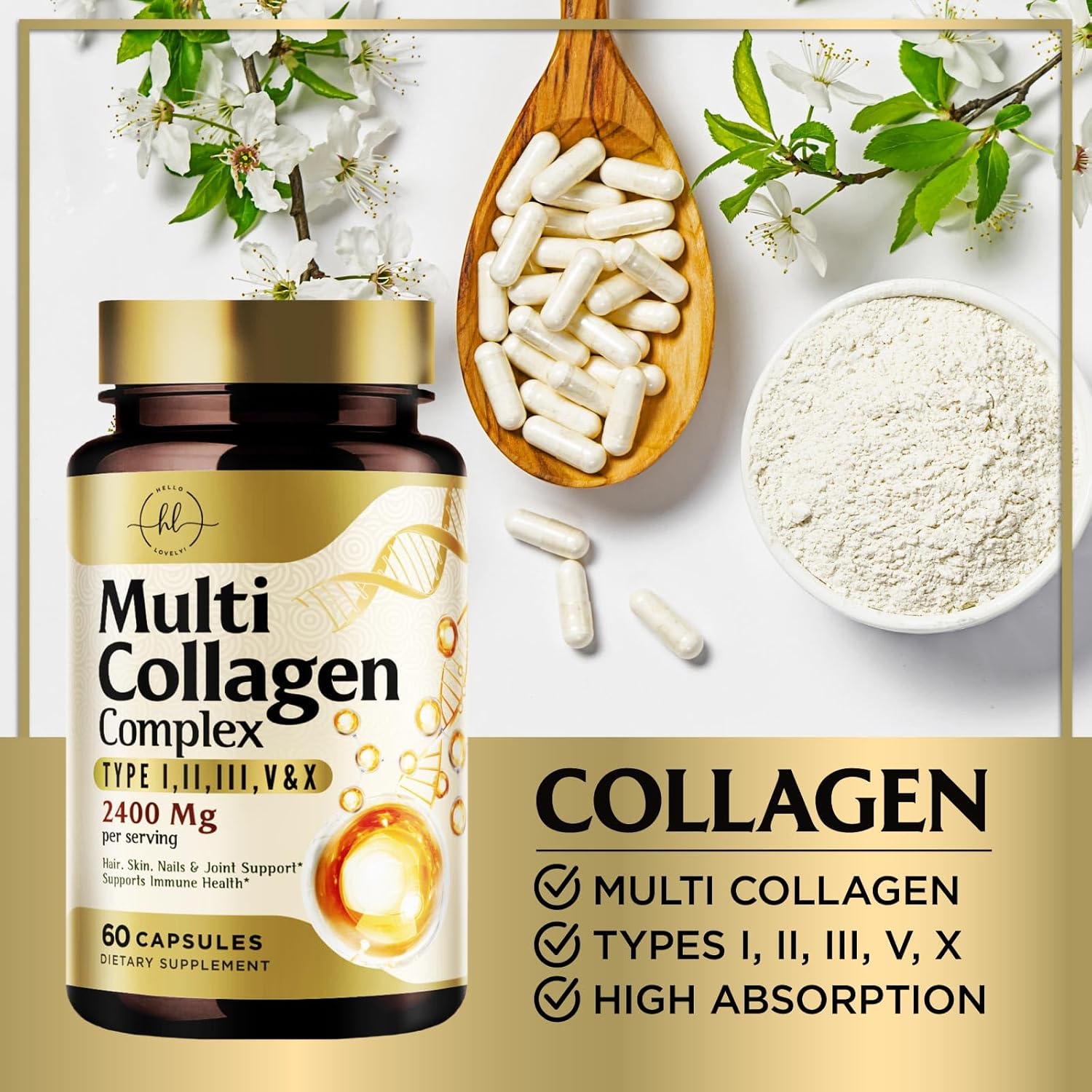 Multi Collagen Peptides Supplement for Hair, Skin, Nails, Bones & Joints - 60 Capsules for Men & Women - Hydrolyzed Type I, II, III, V, X with Vital Nutrients & Proteins