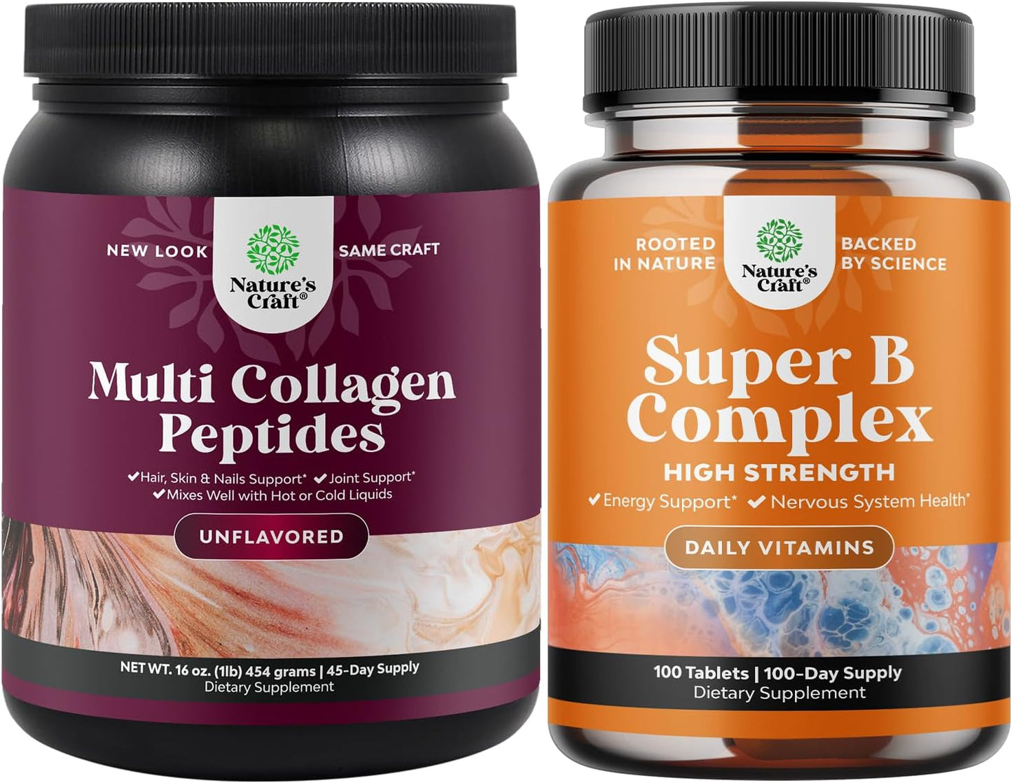 Multi Collagen Protein Powder Bundle for Women and Men - Hair Skin Nails Vitamins, Vitamin B Complex, Immune Support, Mood Boost, Memory and Brain Supplement