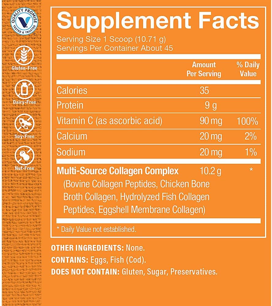 Multi-Source Collagen Powder with 5 Types - Enhances Hair, Skin, Nails - Unflavored (17 oz / 45 Servings)