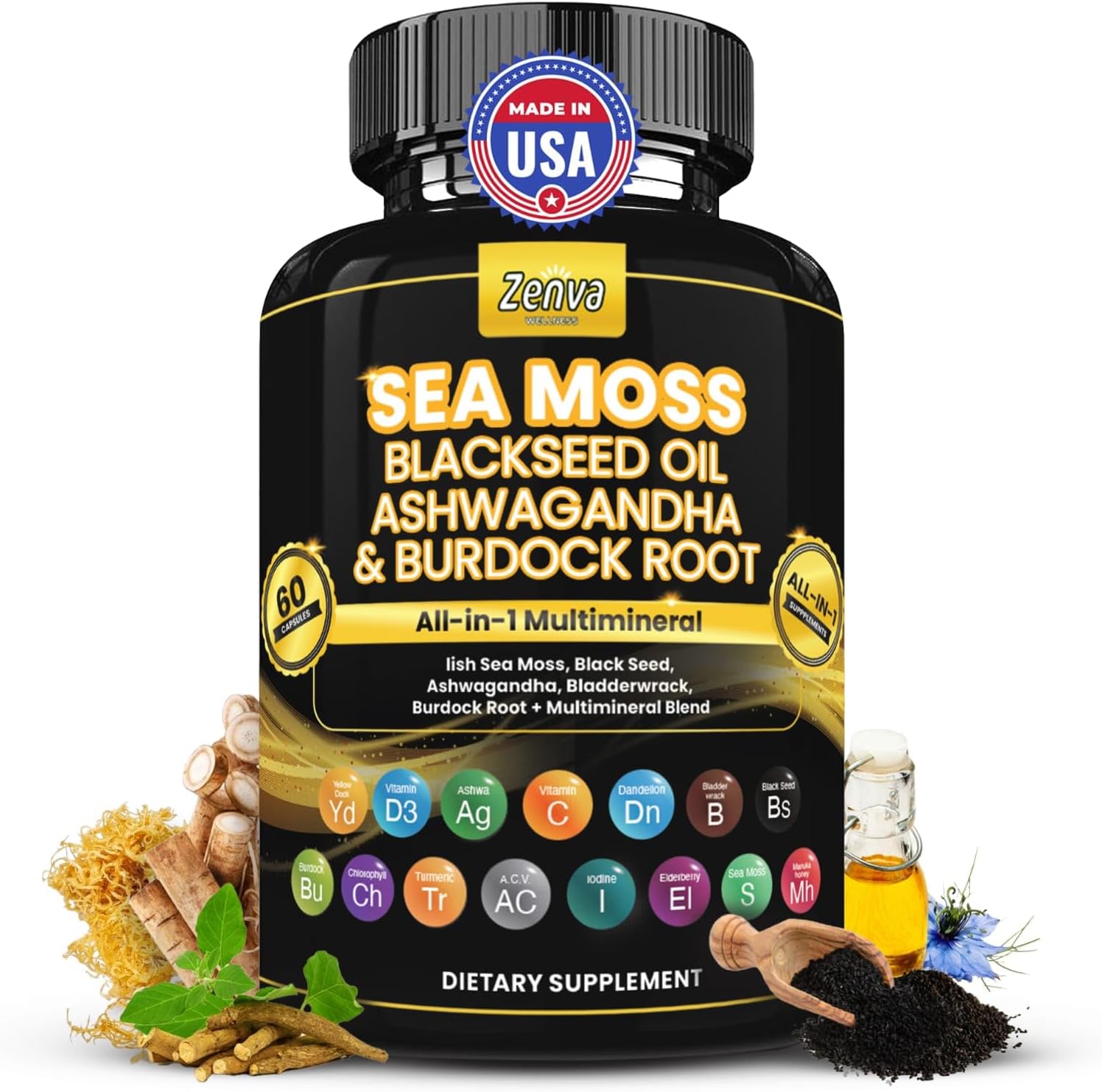 Multimineral Seamoss Capsules with Black Seed Oil, Ashwagandha, and Ginger - Sea Moss Pills with Elderberry, Turmeric, and Vitamin D3