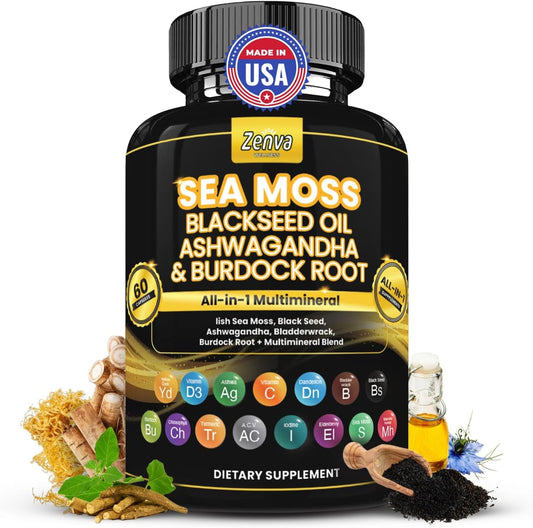 Multimineral Seamoss Capsules with Black Seed Oil, Ashwagandha, and Ginger - Sea Moss Pills with Elderberry, Turmeric, and Vitamin D3