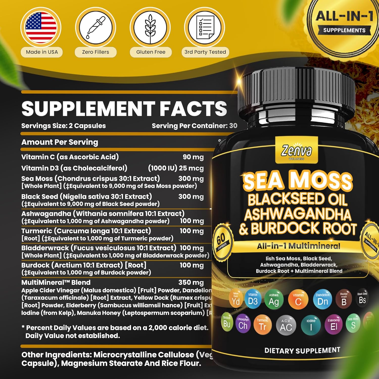 Multimineral Seamoss Capsules with Black Seed Oil, Ashwagandha, and Ginger - Sea Moss Pills with Elderberry, Turmeric, and Vitamin D3